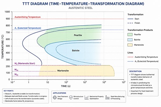 TTT Diagram illustrating cooling curves and transformation phases in steel