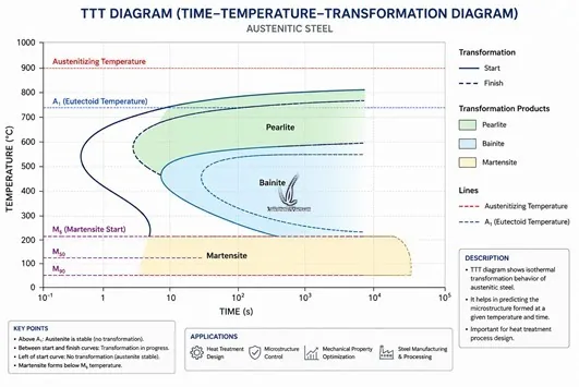 TTT Diagram illustrating cooling curves and transformation phases in steel